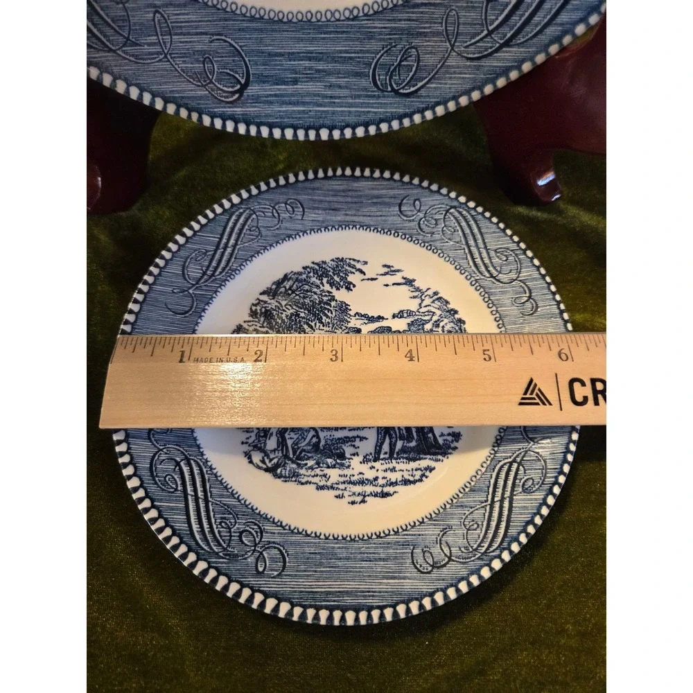 😎Royal China Currier‎ & Ives Blue White Ironstone Dinner Plate Bread Plate Set